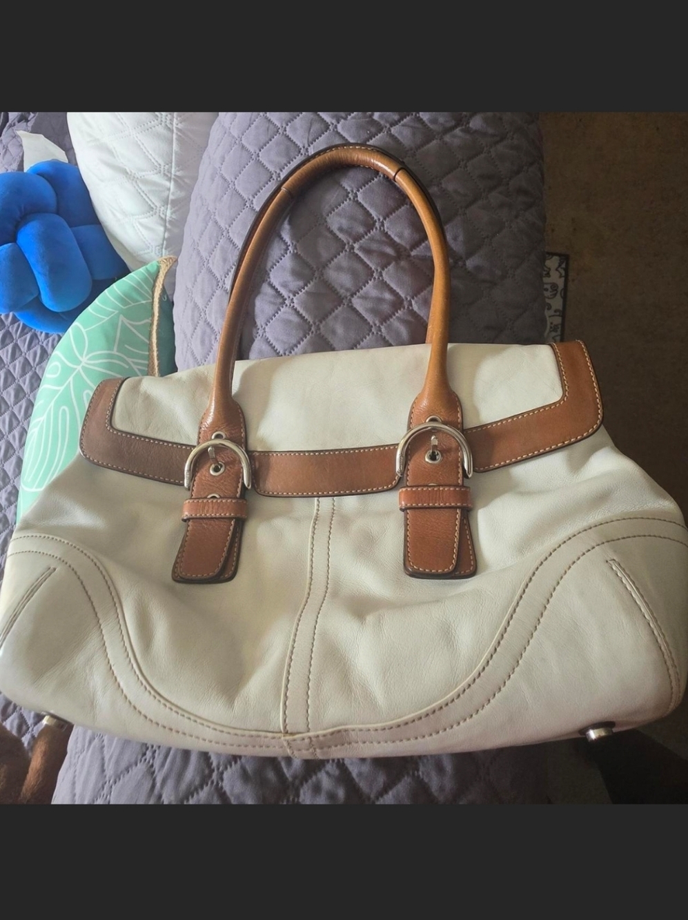 Cream & Tan Leather Tote Bag with Buckle Accents